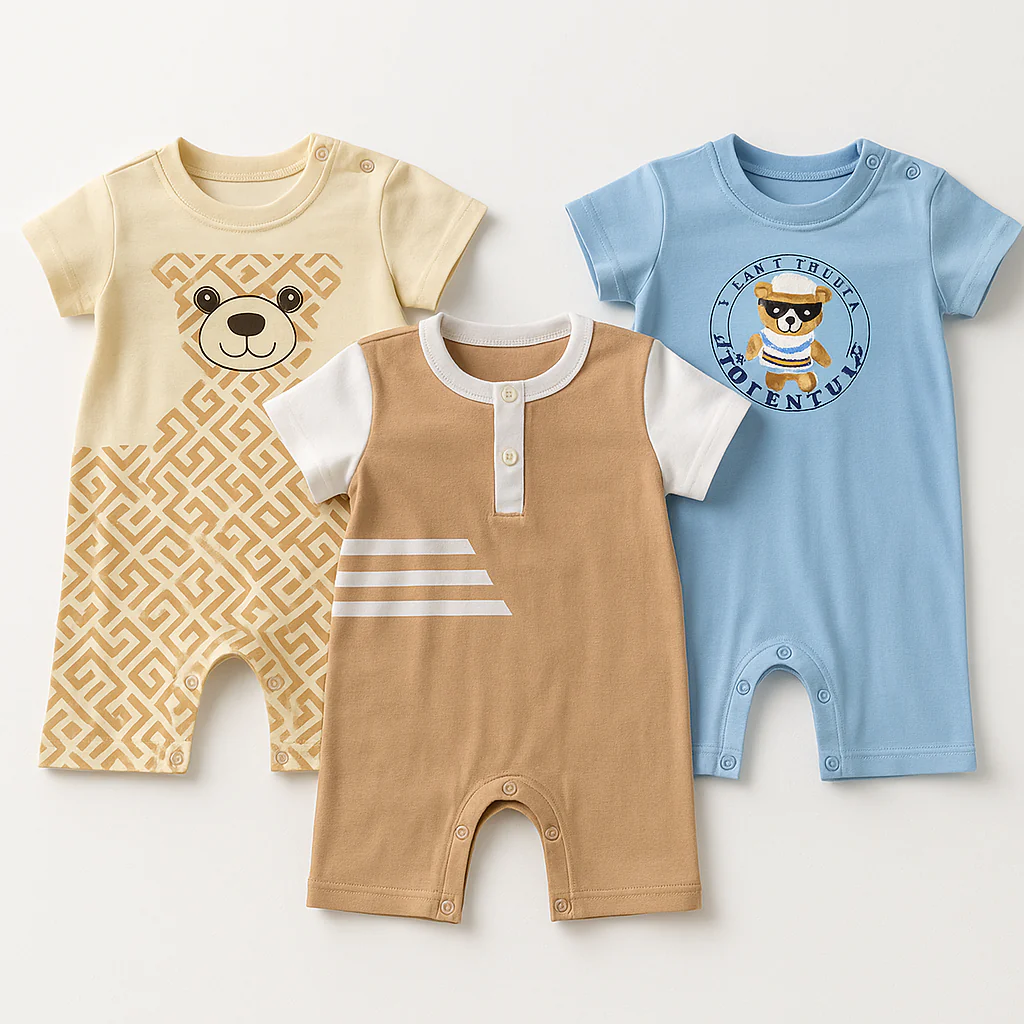 Baby Short-Leg Romper Pack Of 3 Bear Blue & Brown - Sunshine