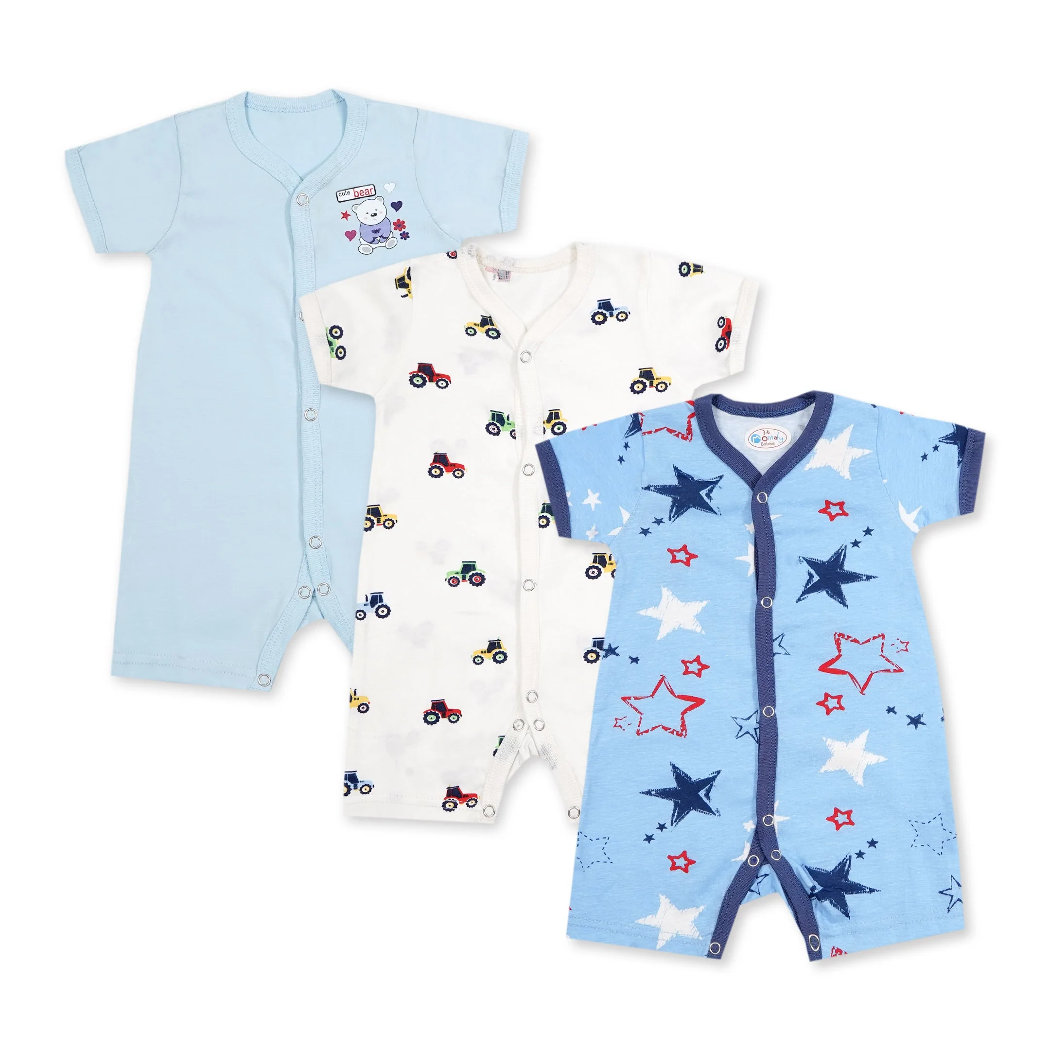 Baby Short-Leg Romper Pack Of 3 Bear Blue - Sunshine - Image 3