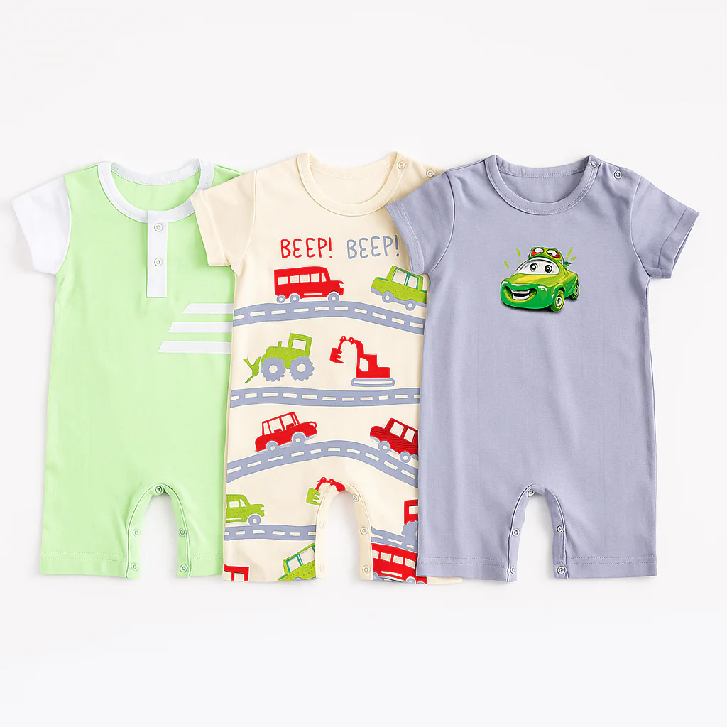 Baby Short-Leg Romper Pack Of 3 Cars Green - Sunshine
