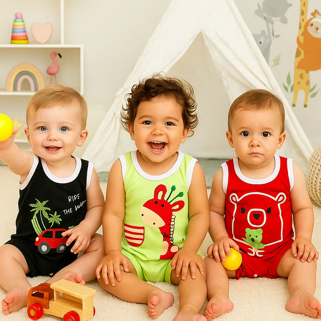 Baby Sleeveless Short-Leg Romper Pack Of 3 Giraffe Red - Sunshine - Image 2