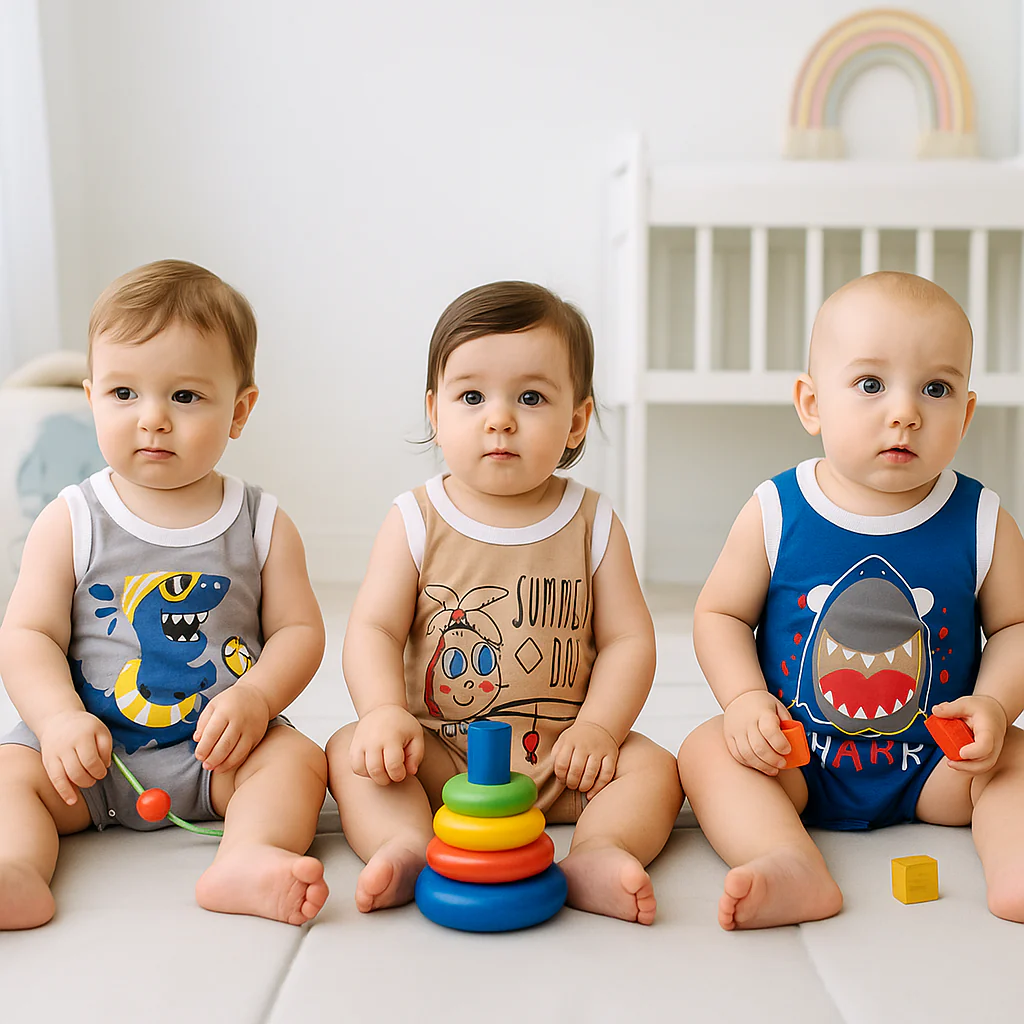Baby Sleeveless Short-Leg Romper Pack Of 3 Shark Blue - Sunshine - Image 2