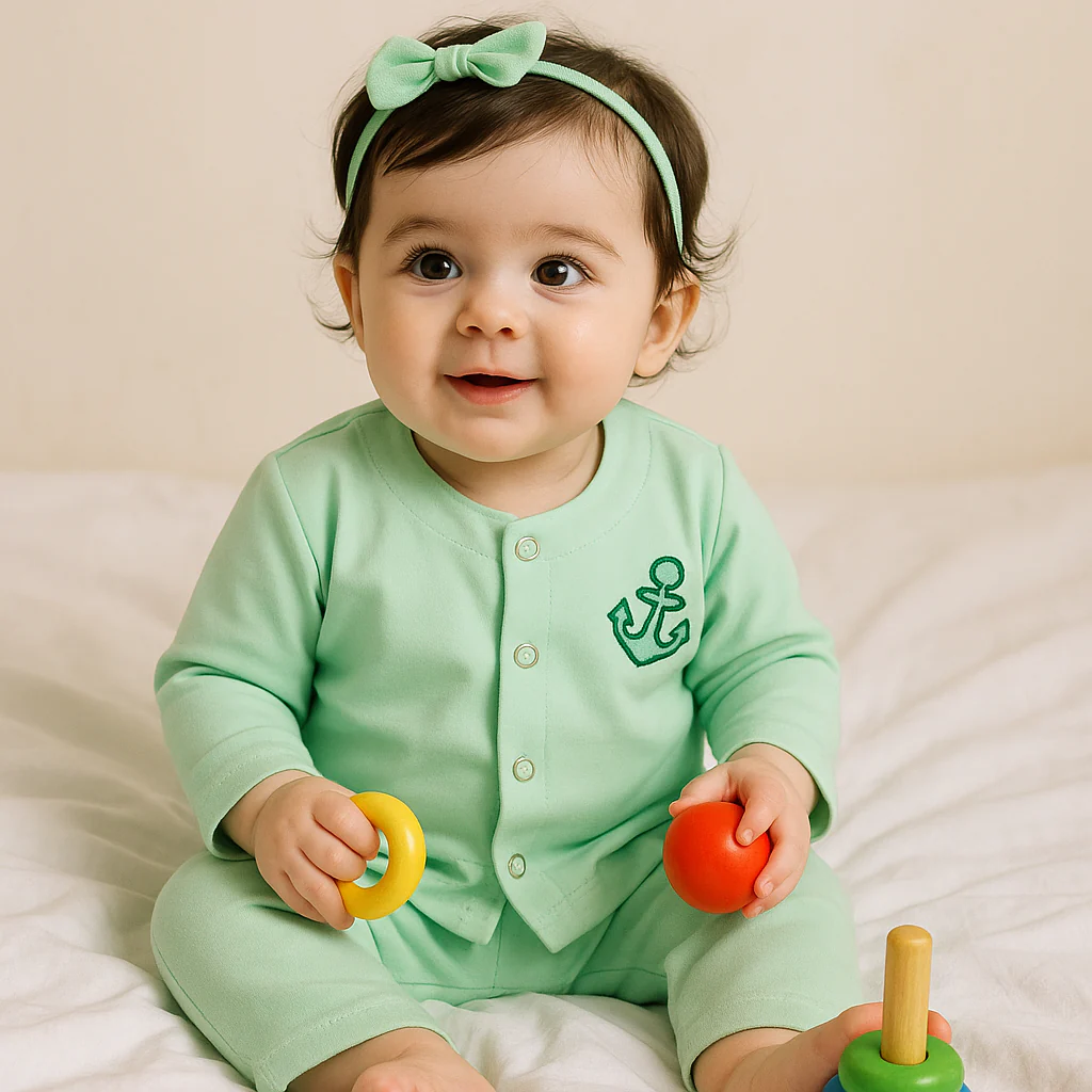 Baby Soft Cotton Sleepsuit Anchor Green - Sunshine - Image 2