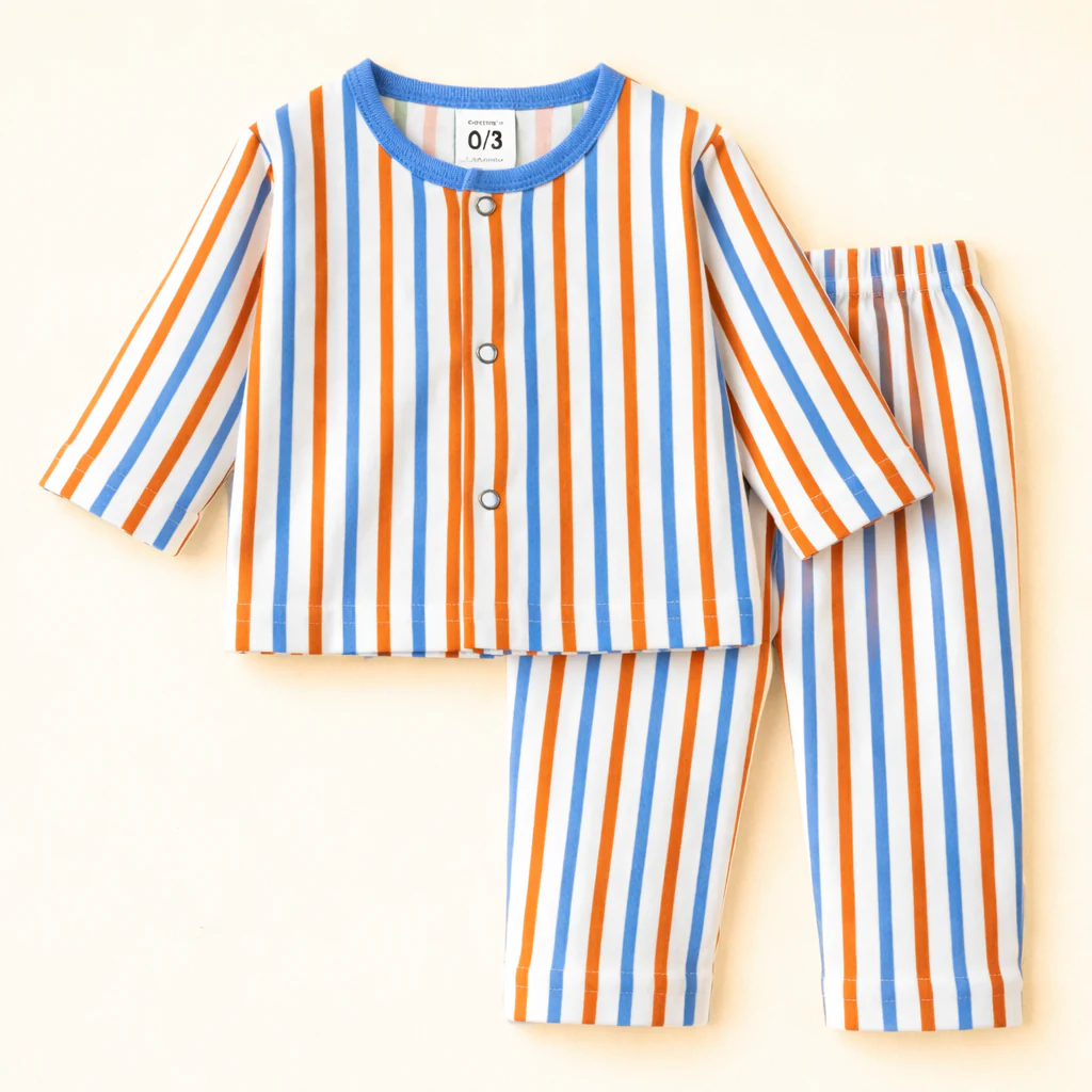 Baby Soft Cotton Sleepsuit Set Stripes Blue & Orange - Sunshine
