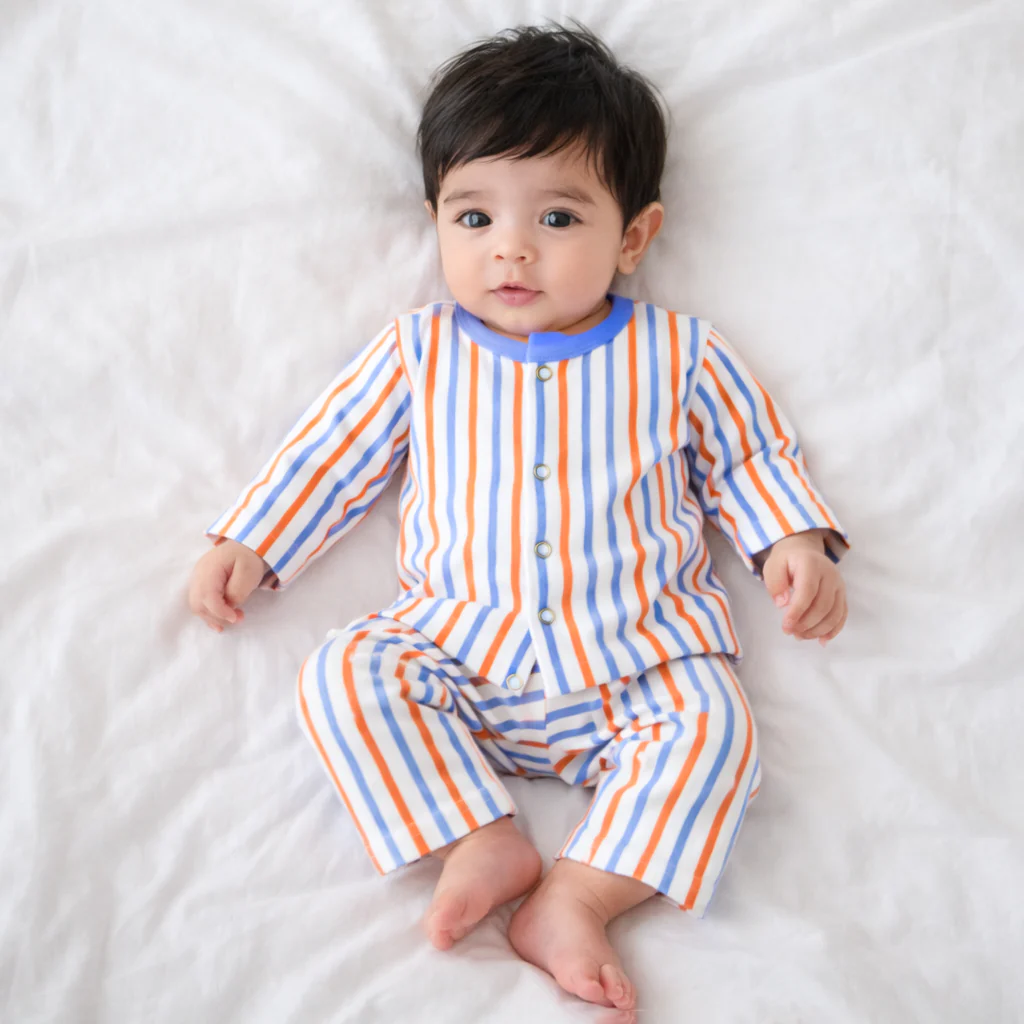 Baby Soft Cotton Sleepsuit Set Stripes Blue & Orange - Sunshine - Image 2