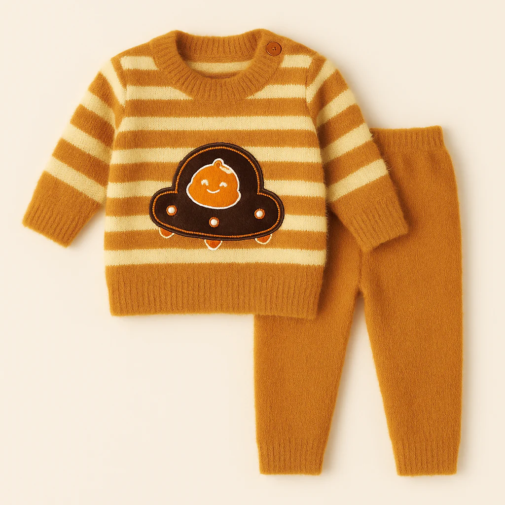 Baby Soft Woolen Pajama Set Alien Stripes Light Brown - Sunshine
