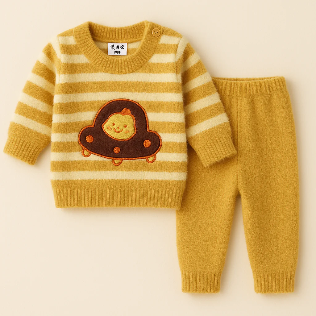 Baby Soft Woolen Pajama Set Alien Stripes Musterd - Sunshine
