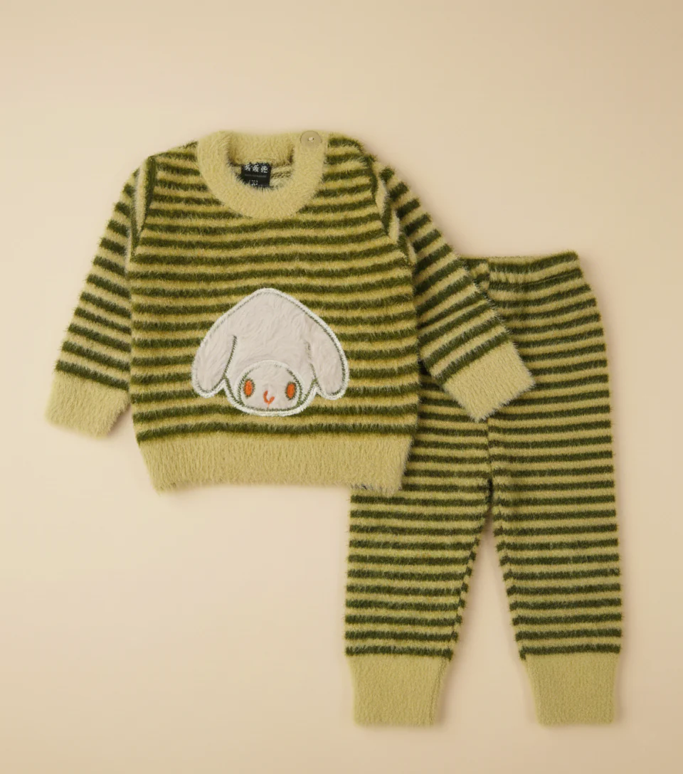 Baby Soft Woolen Pajama Set Rabbit Stripes Olive Green - Sunshine