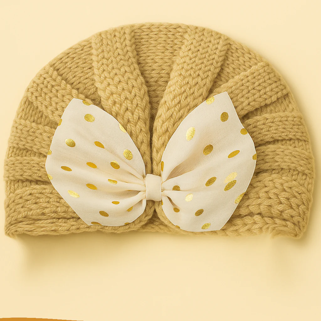 Baby Turban Knitted Woolen Cap Bow Beige - Sunshine