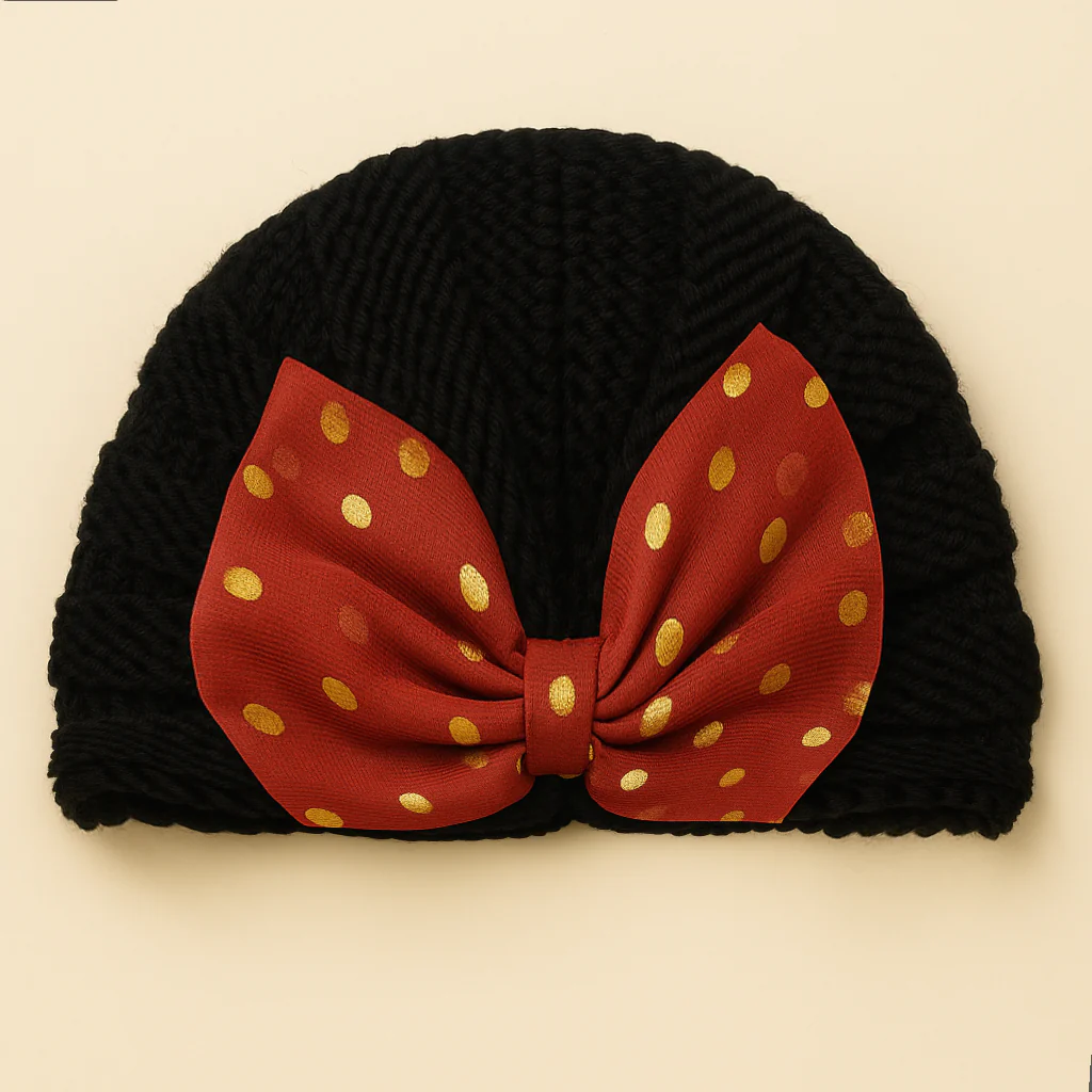Baby Turban Knitted Woolen Cap Bow Black - Sunshine