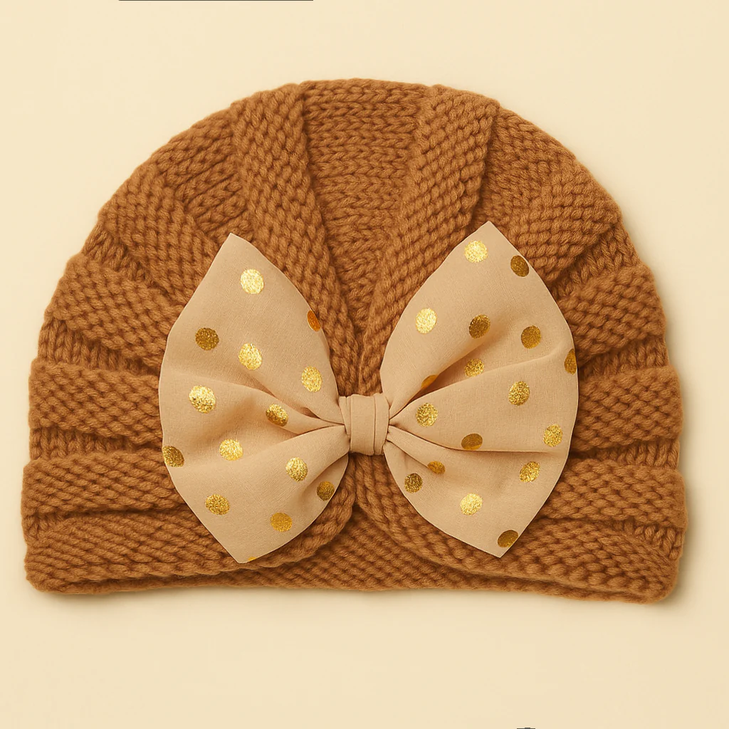 Baby Turban Knitted Woolen Cap Bow Brown - Sunshine