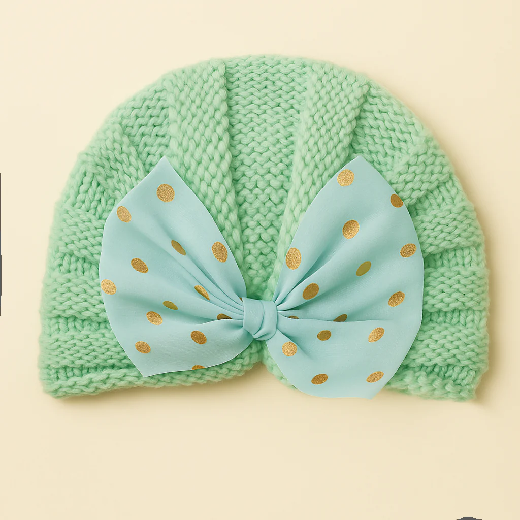 Baby Turban Knitted Woolen Cap Bow Green - Sunshine