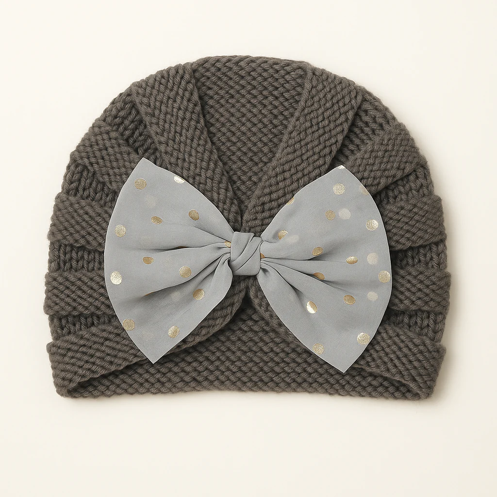 Baby Turban Knitted Woolen Cap Bow Grey - Sunshine