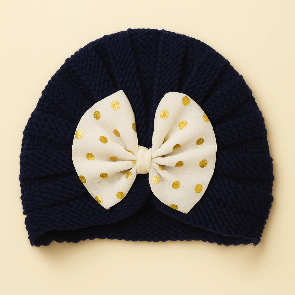 Baby Turban Knitted Woolen Cap Bow Navy Blue - Sunshine