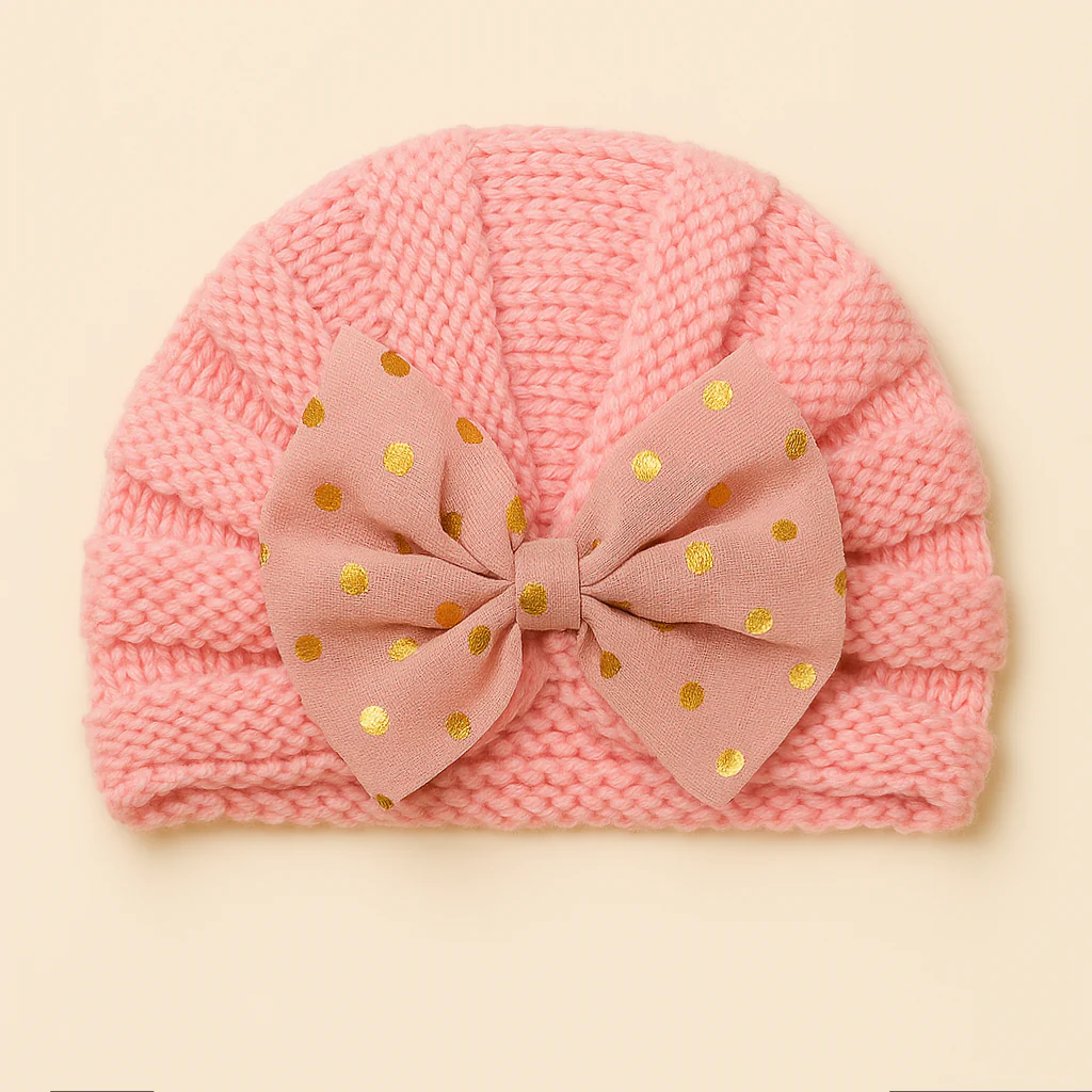 Baby Turban Knitted Woolen Cap Bow Pink - Sunshine