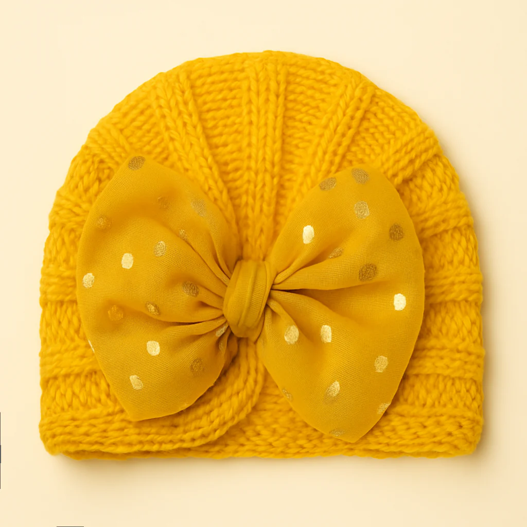 Baby Turban Knitted Woolen Cap Bow Yellow - Sunshine
