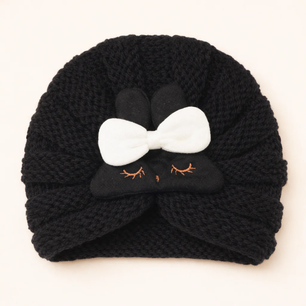 Baby Turban Knitted Woolen Cap Bunny Black - Sunshine