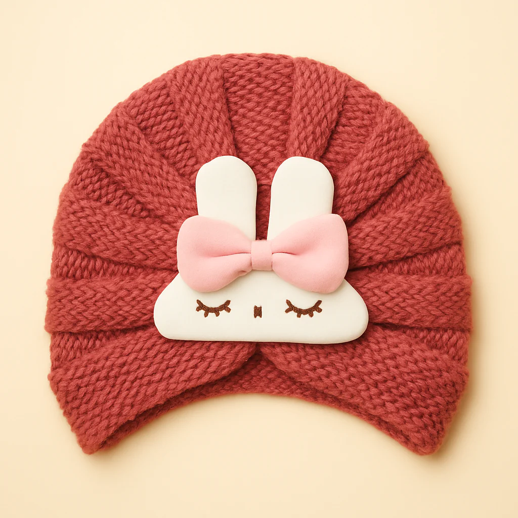 Baby Turban Knitted Woolen Cap Bunny Dark Pink - Sunshine