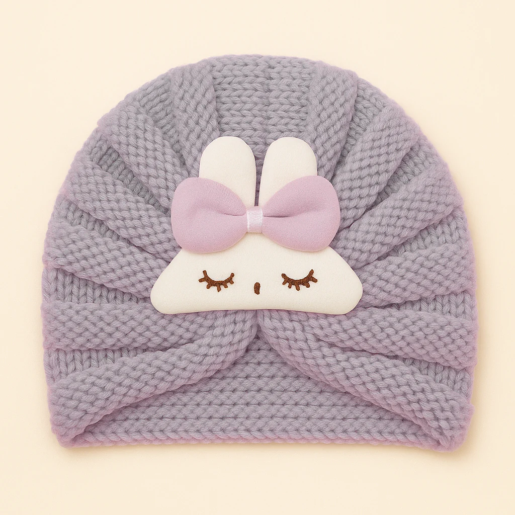 Baby Turban Knitted Woolen Cap Bunny Purple - Sunshine