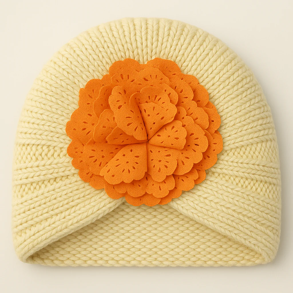 Baby Turban Knitted Woolen Cap Flower Beige - Sunshine