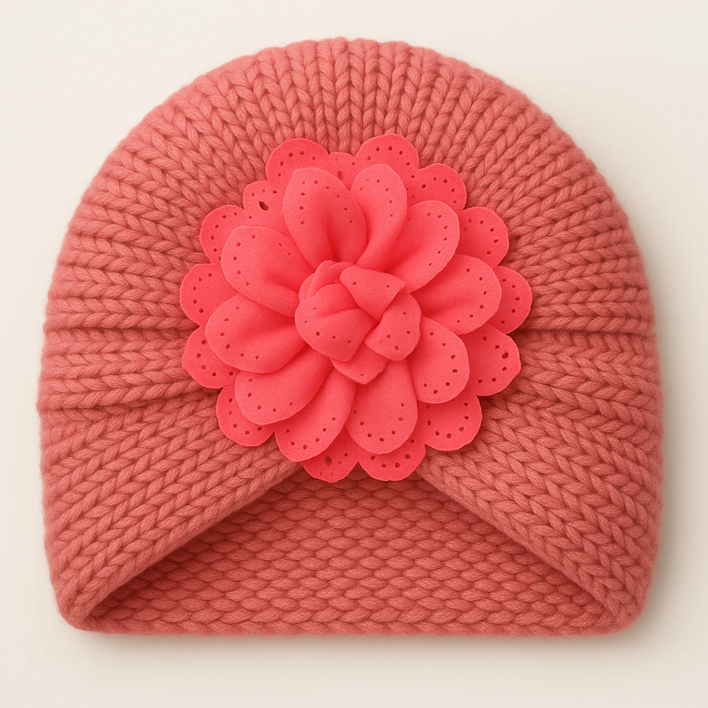Baby Turban Knitted Woolen Cap Flower Dark Pink - Sunshine
