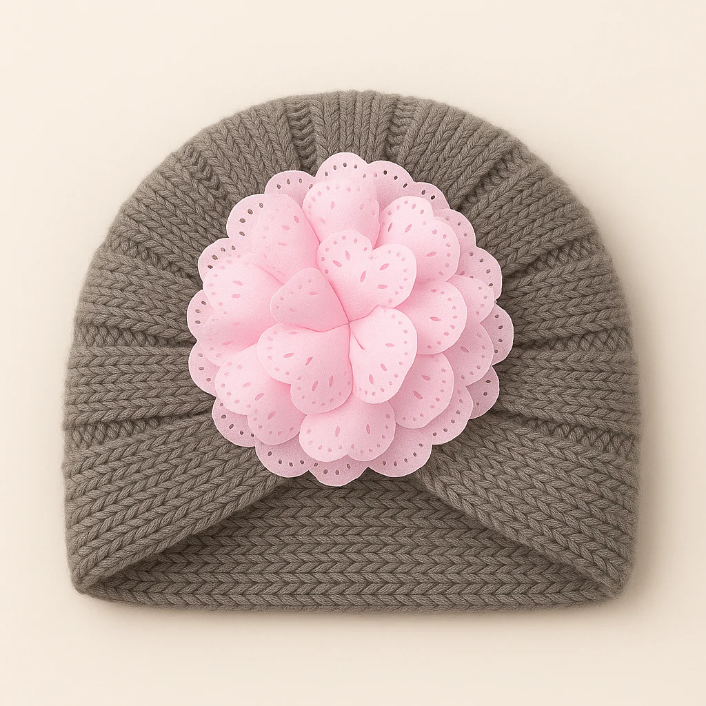 Baby Turban Knitted Woolen Cap Flower Grey - Sunshine