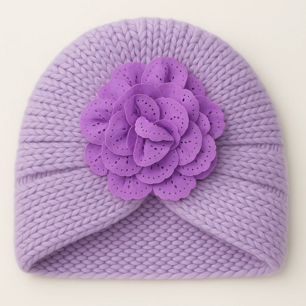 Baby Turban Knitted Woolen Cap Flower Purple - Sunshine