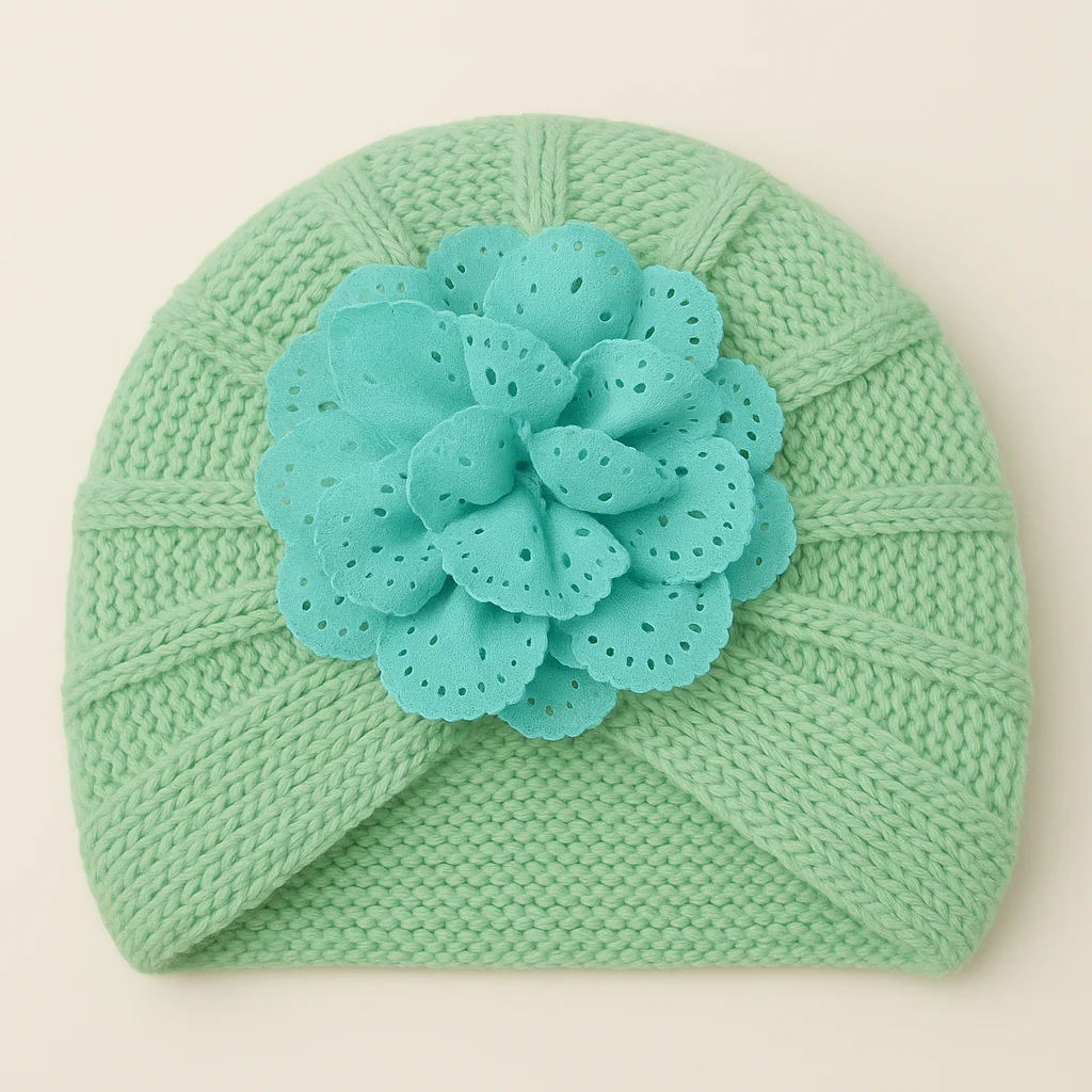 Baby Turban Knitted Woolen Cap Flower Sea Green - Sunshine