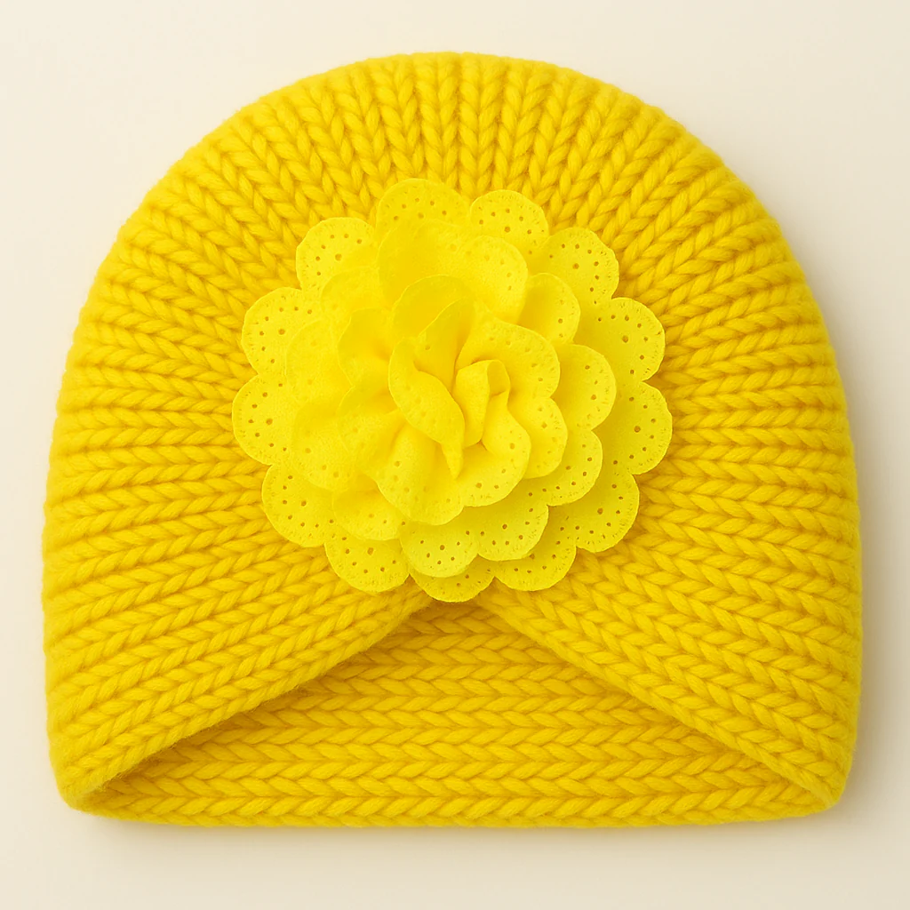 Baby Turban Knitted Woolen Cap Flower Yellow - Sunshine
