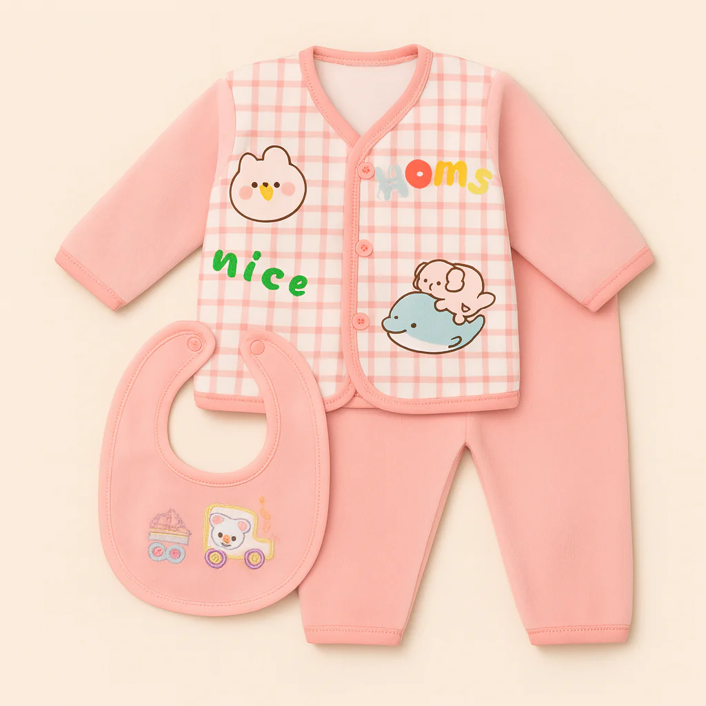 Baby Warm 3Pcs Pajama Set Bear Pink - Sunshine