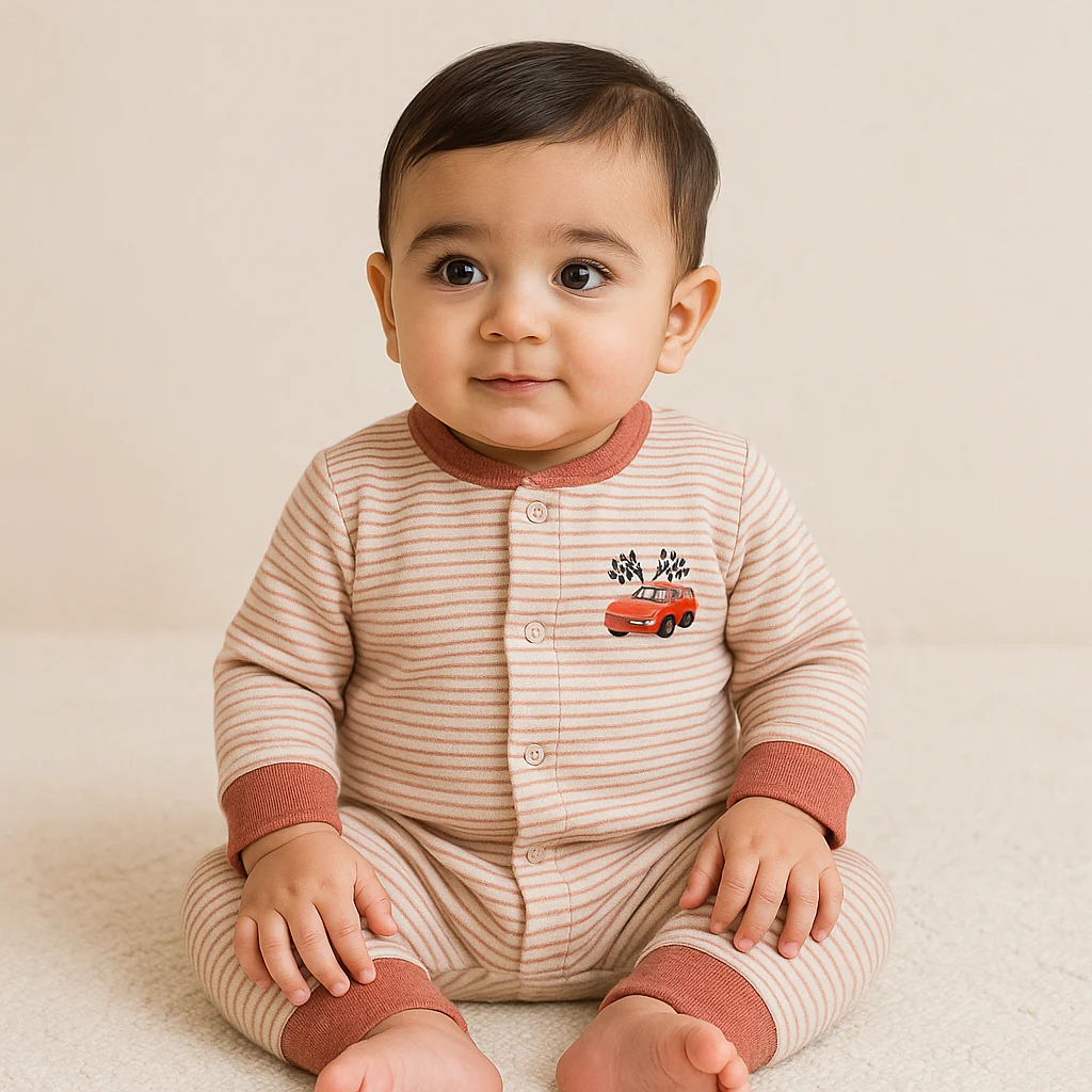 Baby Warm Full Body Sleepsuit Car Peach Stripes - Sunshine - Image 2