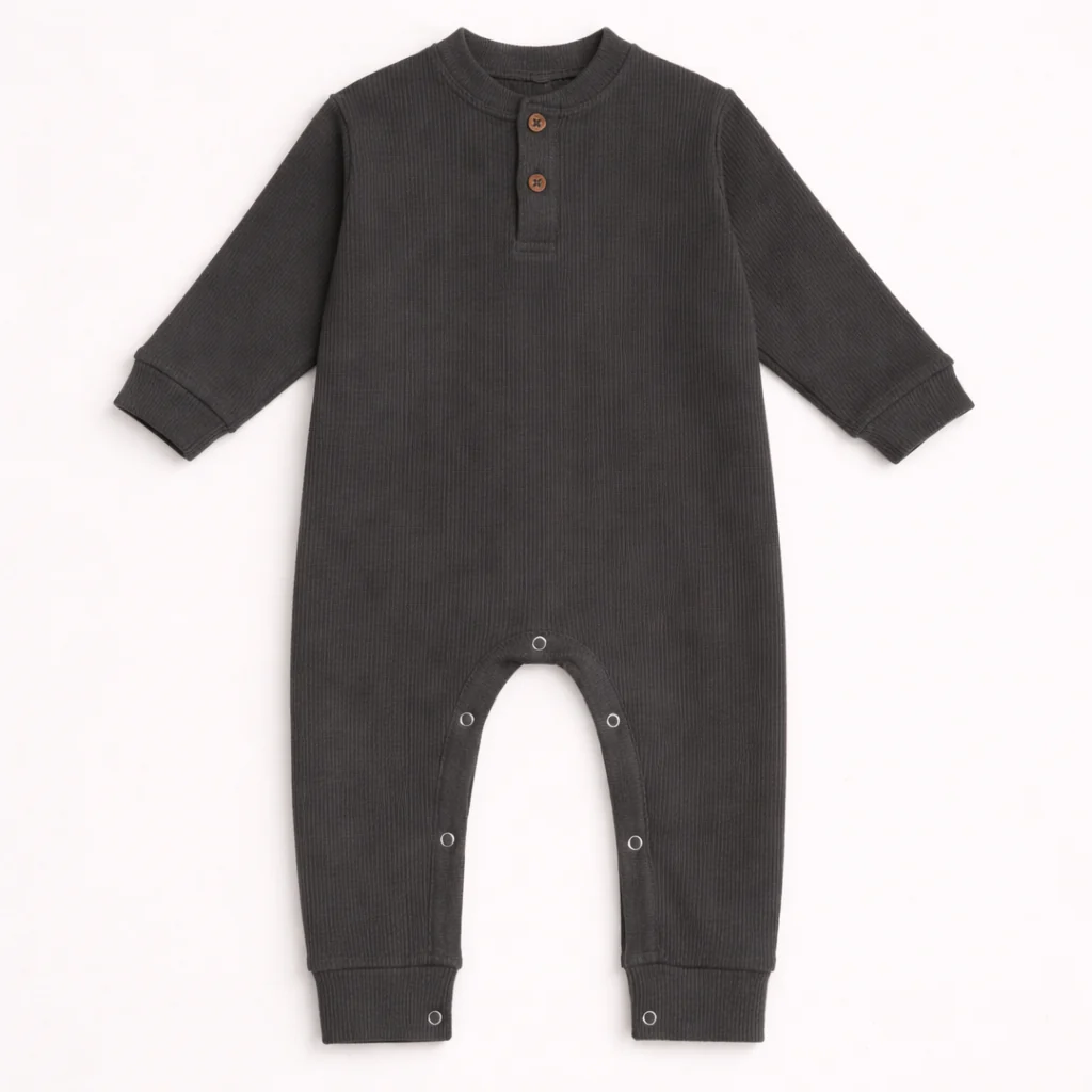Baby Ribbed Long-Sleeve Button Up Jumpsuit Charcoal - Oolaa