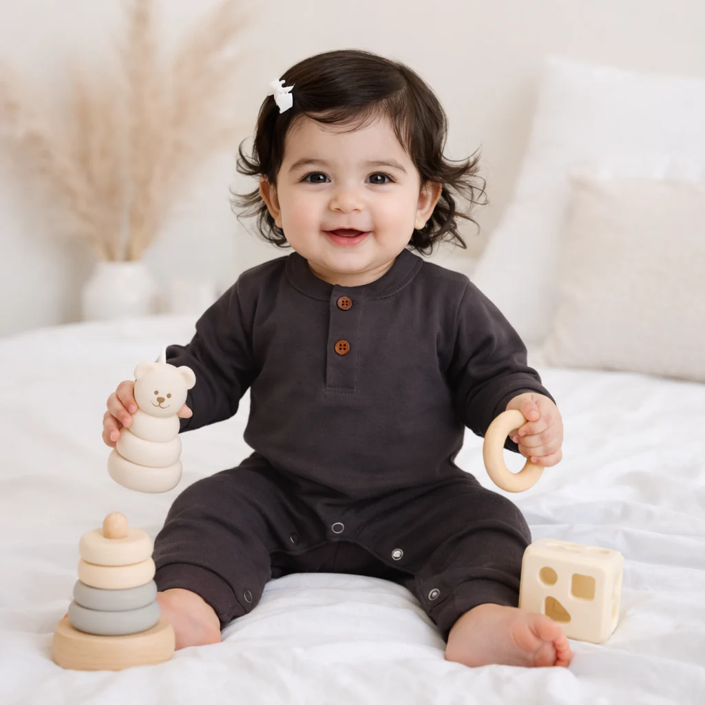 Baby Ribbed Long-Sleeve Button Up Jumpsuit Charcoal - Oolaa - Image 2