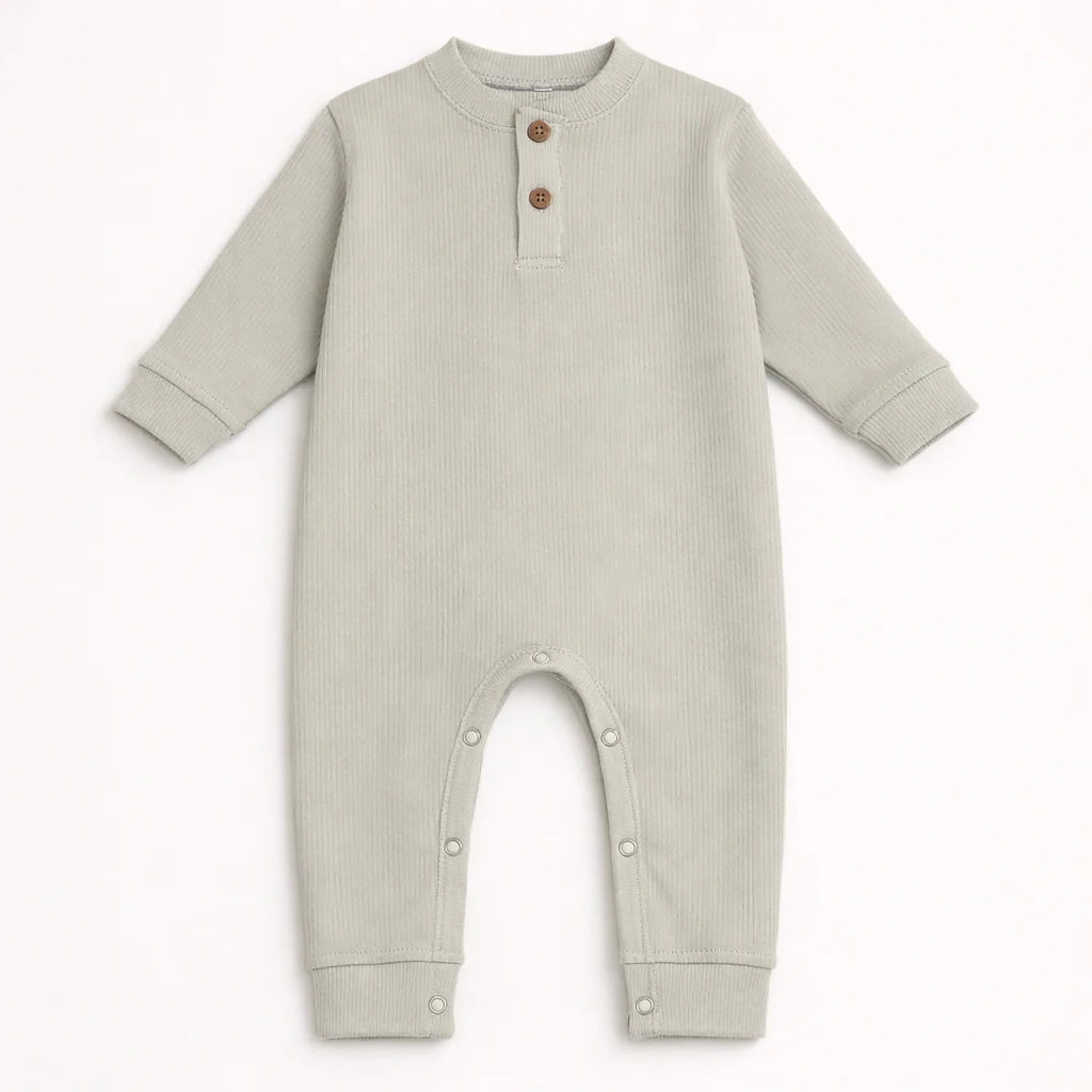 Baby Ribbed Long-Sleeve Button Up Jumpsuit Light Green - Oolaa