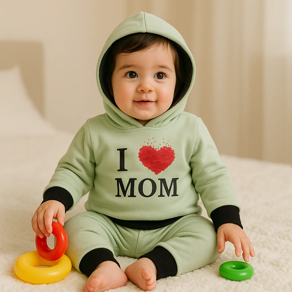 Baby Warm Hooded Pajama Set Love Mom Green - Oolaa - Image 2
