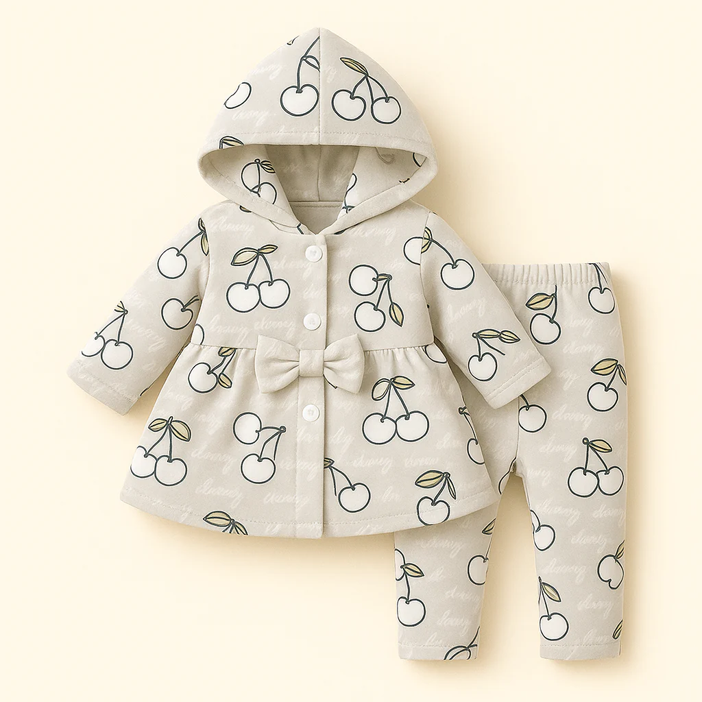 Baby Warm Velvat Hooded Frock & Pajama Set Berry Grey - Sunshine