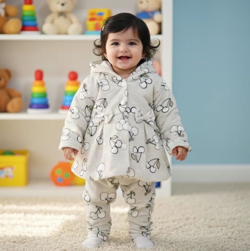 Baby Warm Velvat Hooded Frock & Pajama Set Berry Grey - Sunshine - Image 2