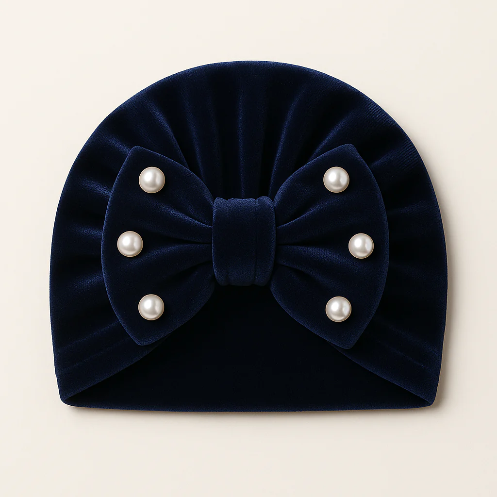 Baby Warm Velvet Turban Cap Bow Navy Blue - Sunshine