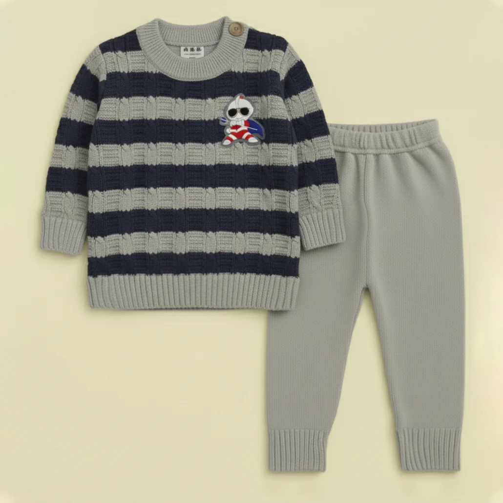 Baby Woolen Pajama Set Cartoon Sqaure Stripes Royal Blue - Sunshine