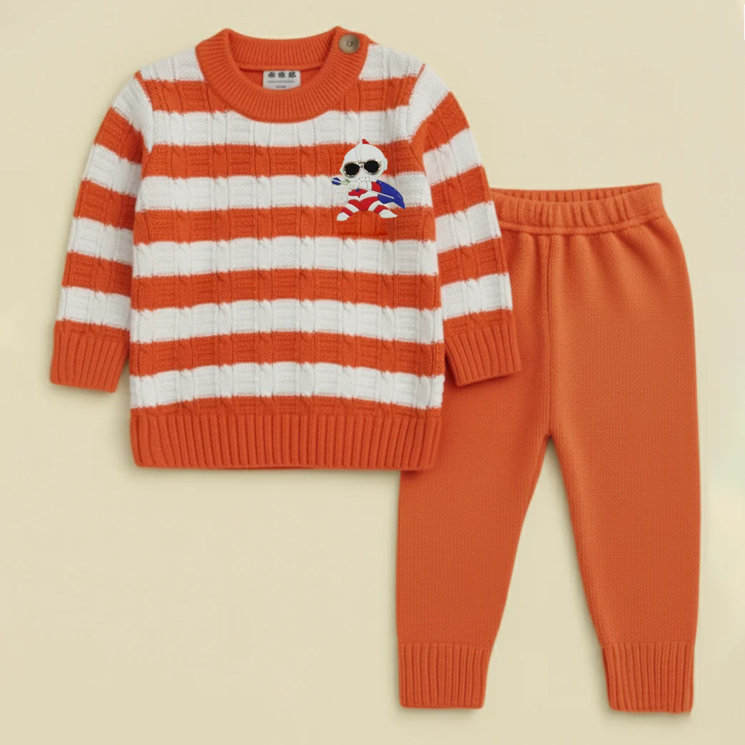 Baby Woolen Pajama Set Cartoon Square Stripes Orange - Sunshine