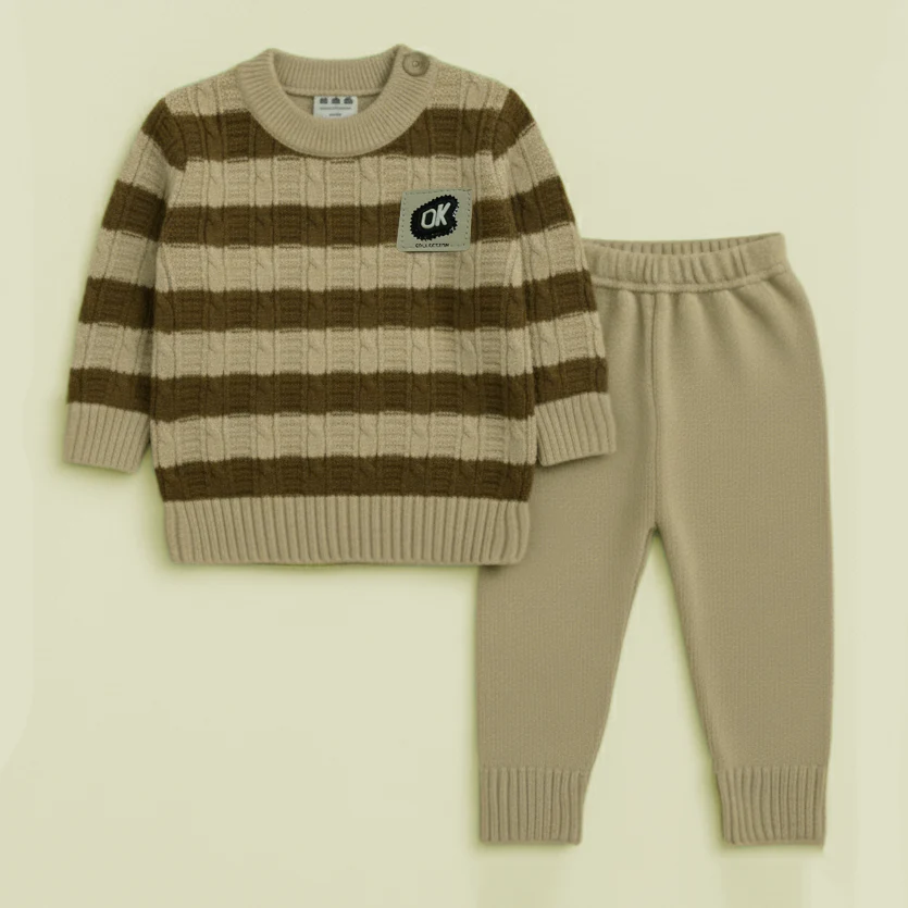 Baby Woolen Pajama Set Stripes Brown - Sunshine