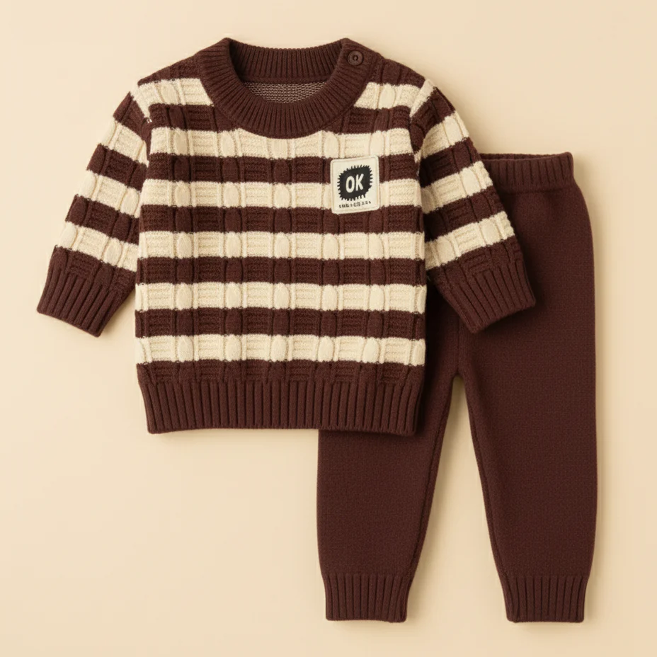 Baby Woolen Pajama Set Stripes Dark Brown - Sunshine