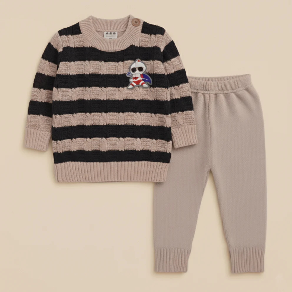 Baby Woolen Pajama Set Stripes Dark Brown - Sunshine