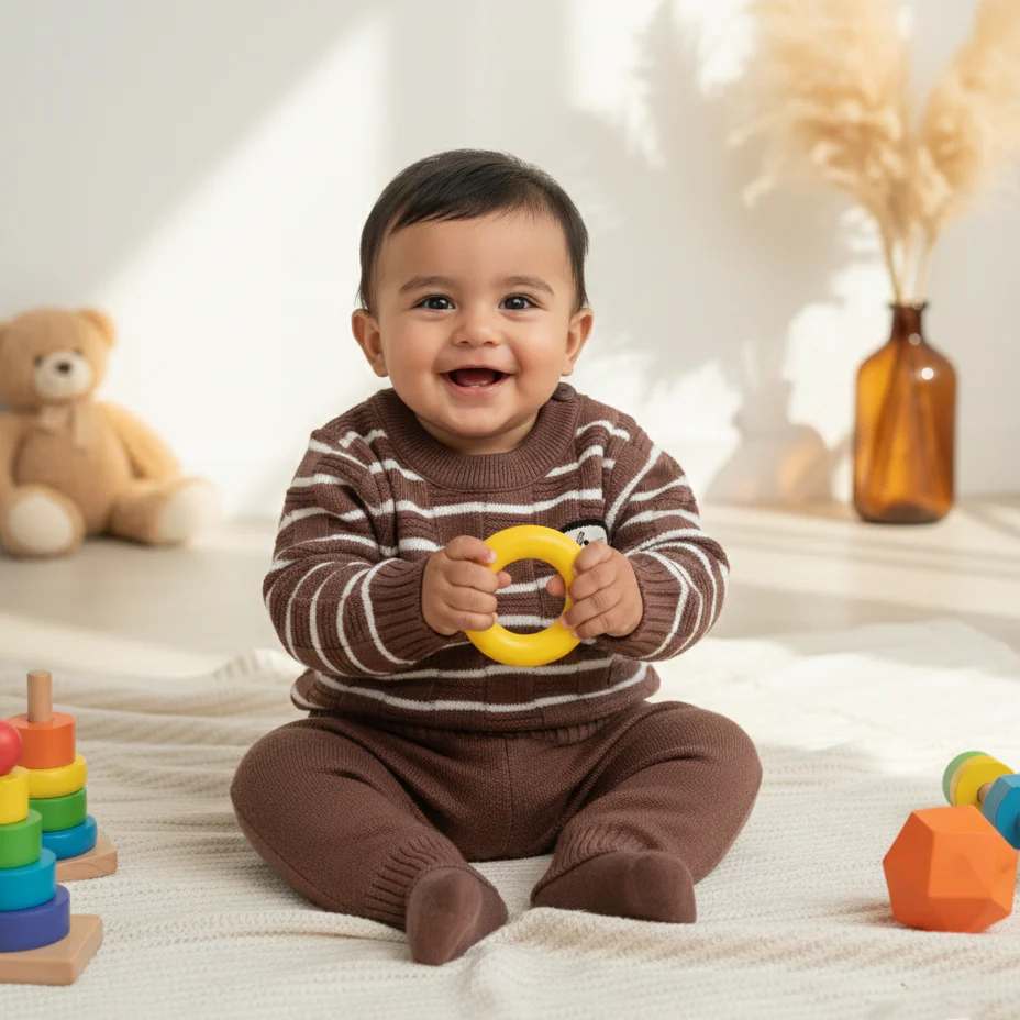 Baby Woolen Pajama Set Stripes Light Brown - Sunshine - Image 2