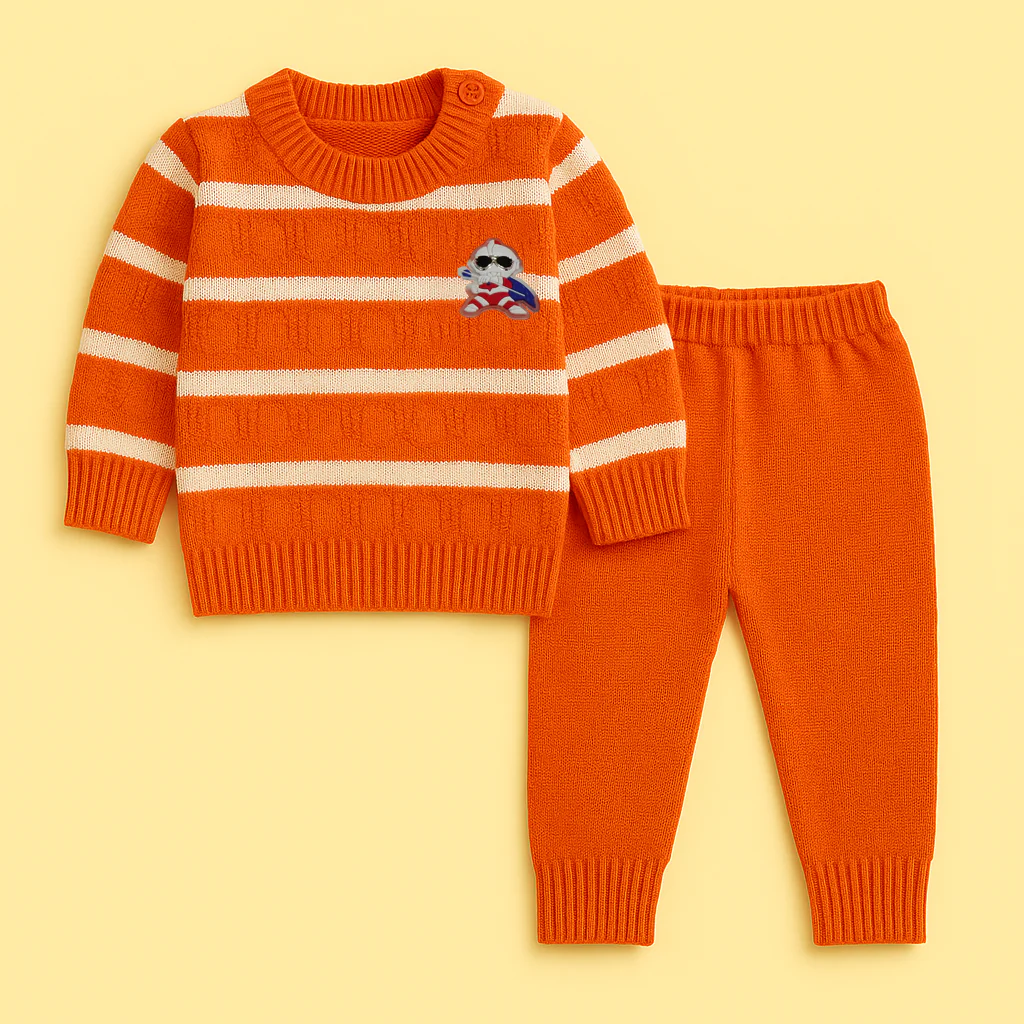 Baby Woolen Pajama Set Stripes Orange - Sunshine - Image 2