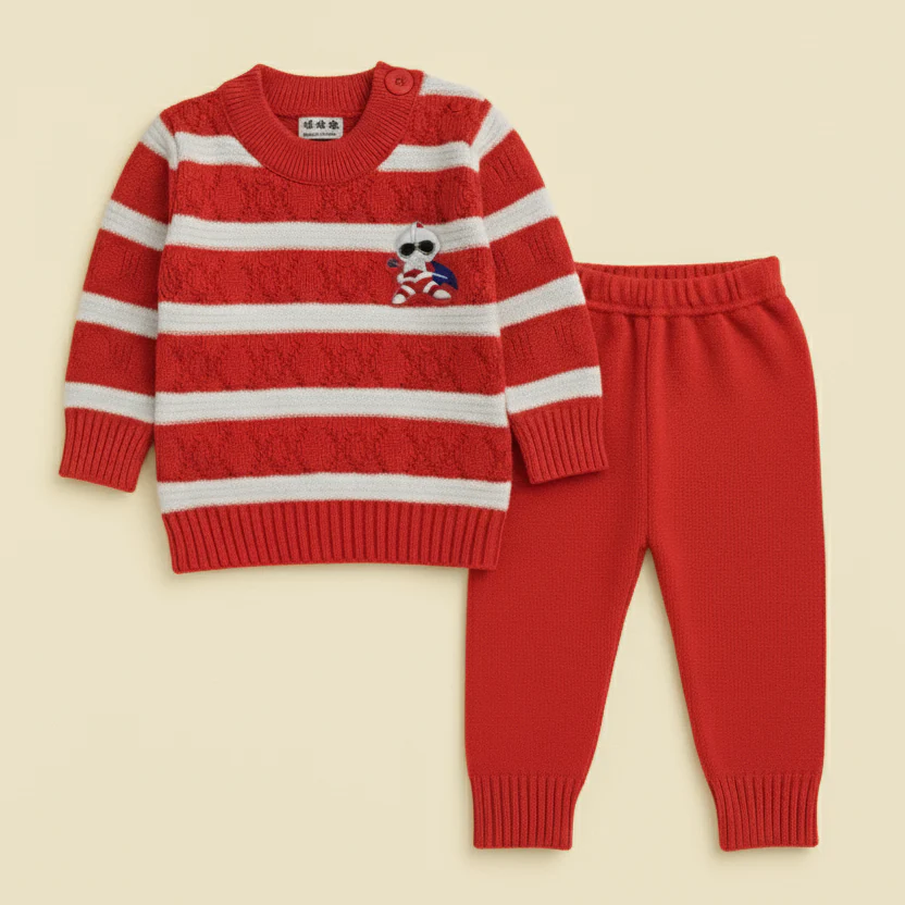 Baby Woolen Pajama Set Stripes Red - Sunshine