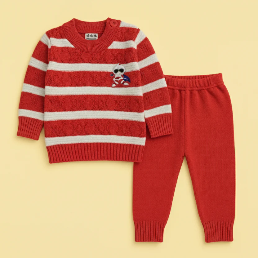 Baby Woolen Pajama Set Stripes Red - Sunshine - Image 2