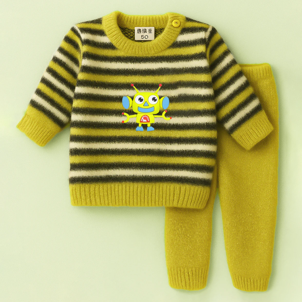 Baby Woolen Pajama Set Stripes Robot Mustard - Sunshine