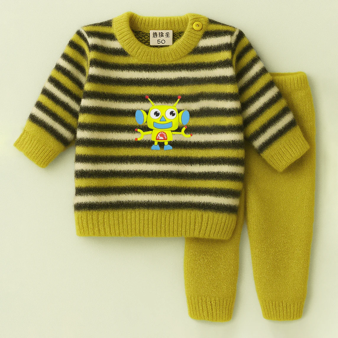 Baby Woolen Pajama Set Stripes Robot Mustard - Sunshine - Image 3