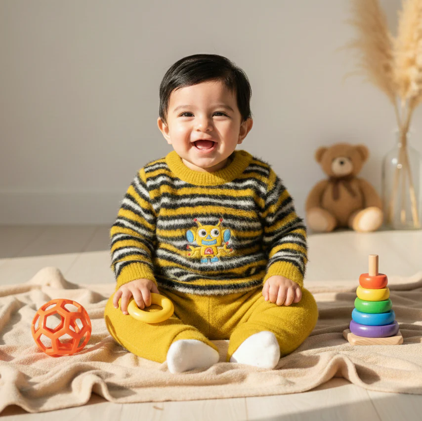 Baby Woolen Pajama Set Stripes Robot Mustard - Sunshine - Image 4