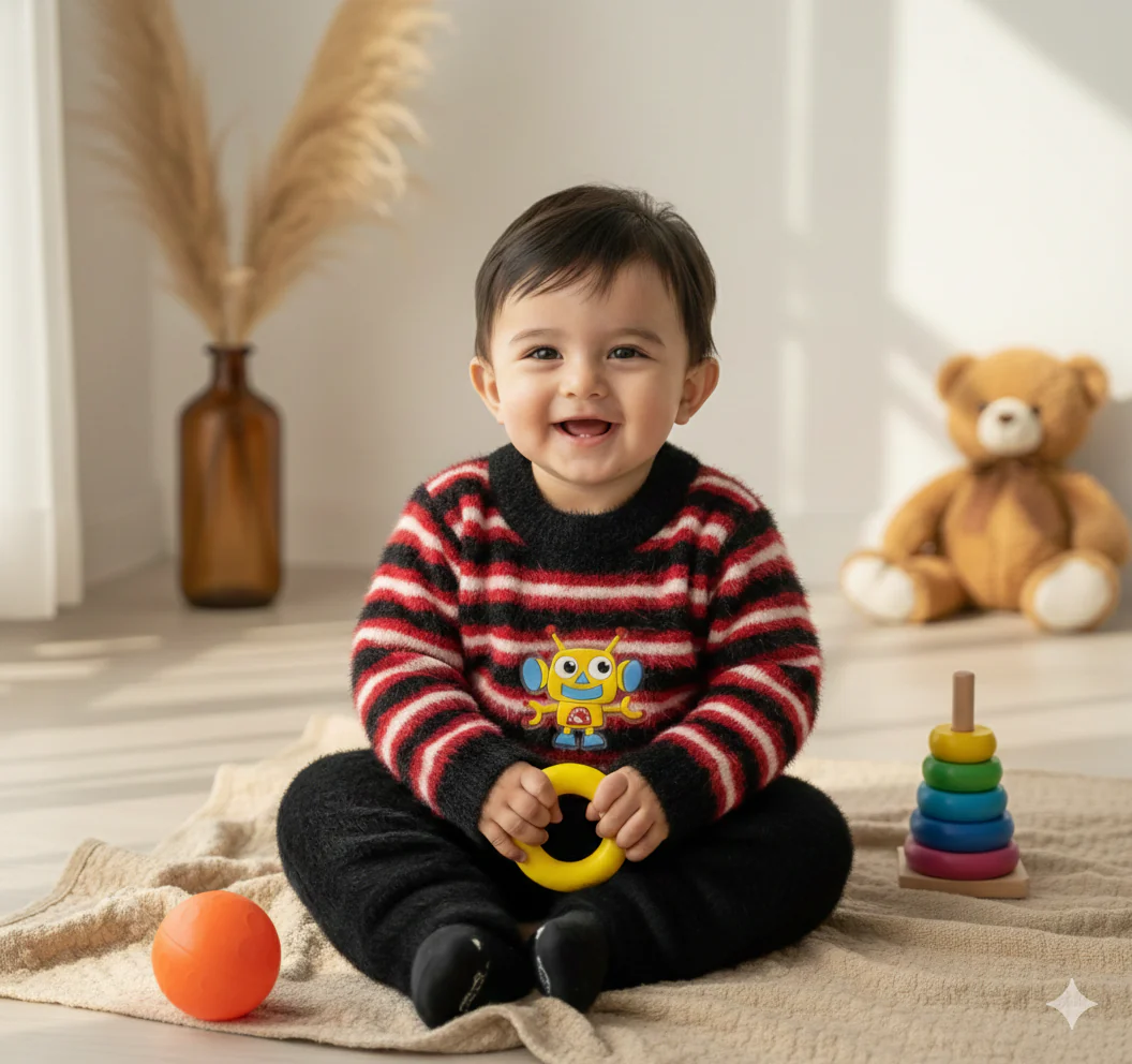 Baby Woolen Pajama Set Stripes Robot Red - Sunshine - Image 4